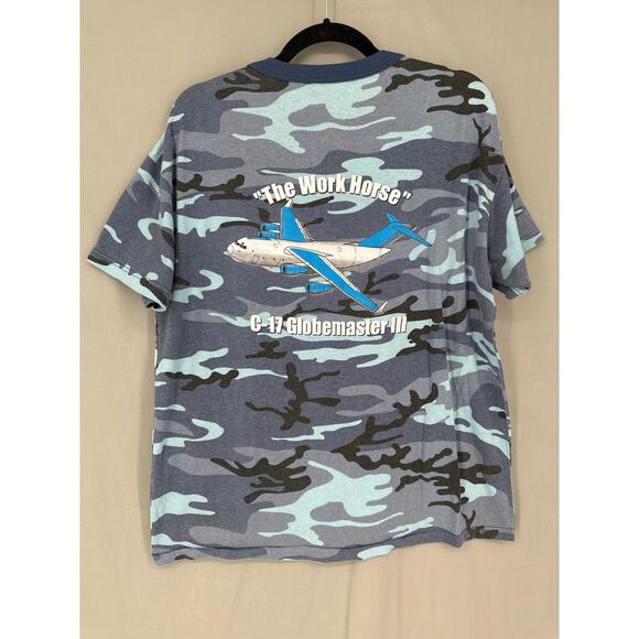 80s Vintage Shirt Mens Medium Blue Camouflage Globemaster Air Force Boeing Plane - Picture 1 of 8
